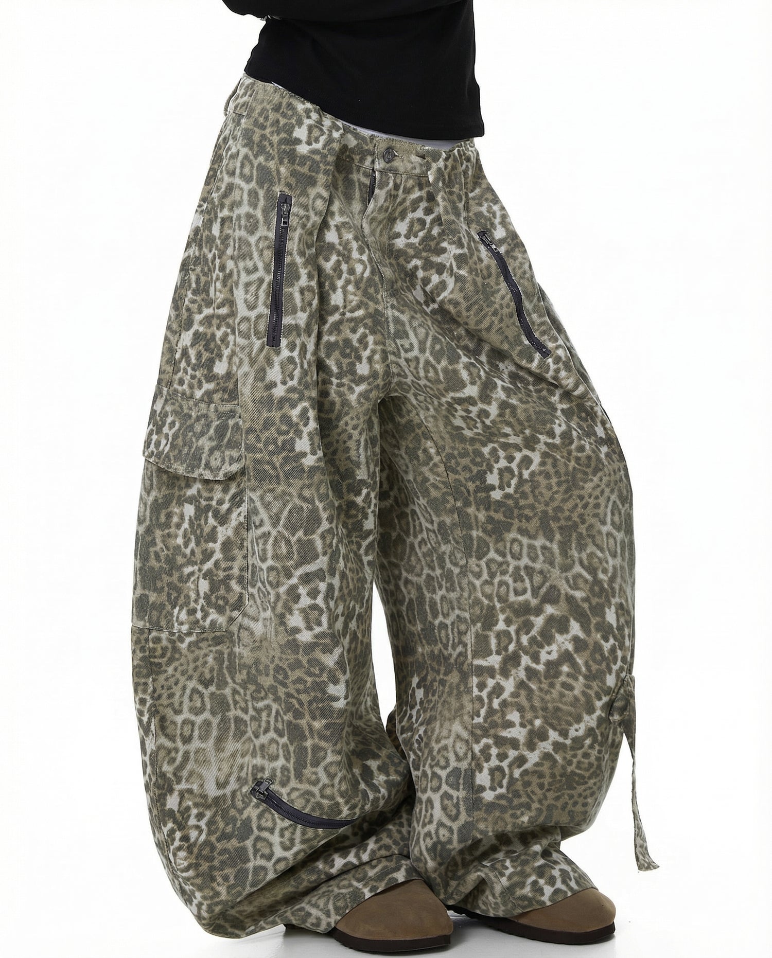 Leopard Denim Wide Leg Cargo Pants - Y2K Streetwear