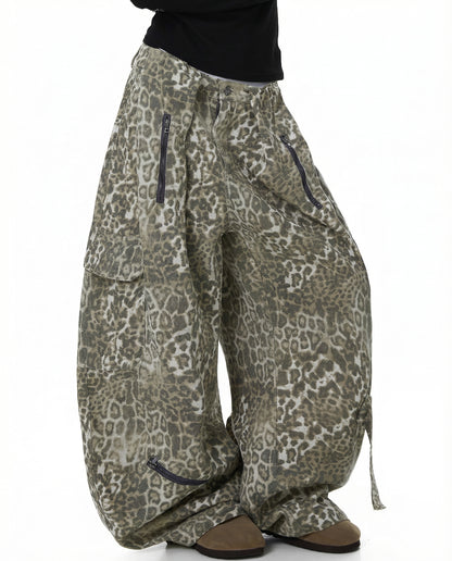 Leopard Denim Wide Leg Cargo Pants - Y2K Streetwear