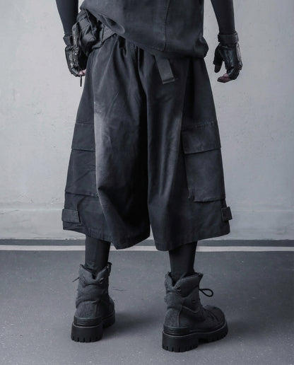Distressed Wide-Leg Cargo Shorts - Techwear