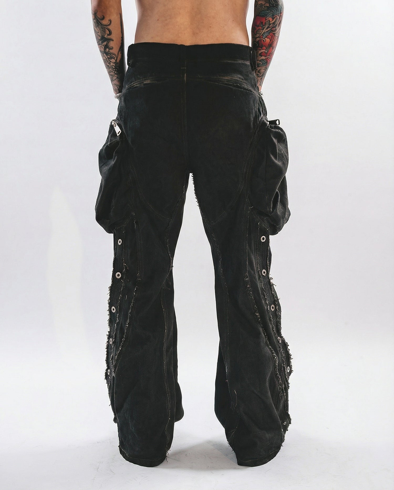 Distressed Cotton Wide Leg Cargo Pants - Grunge Streetwear
