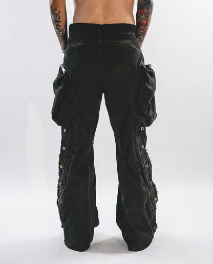 Distressed Cotton Wide Leg Cargo Pants - Grunge Streetwear