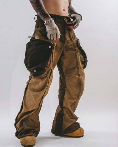 Distressed Cotton Wide Leg Cargo Pants - Grunge Streetwear