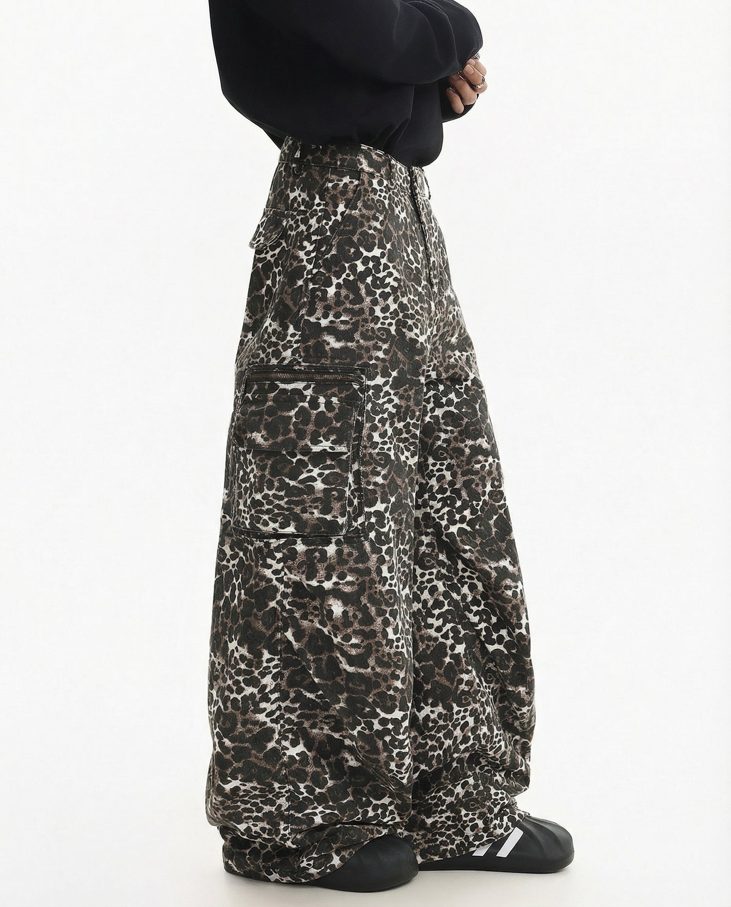 Leopard Print Wide Leg Cargo Pants - Urban Streetwear
