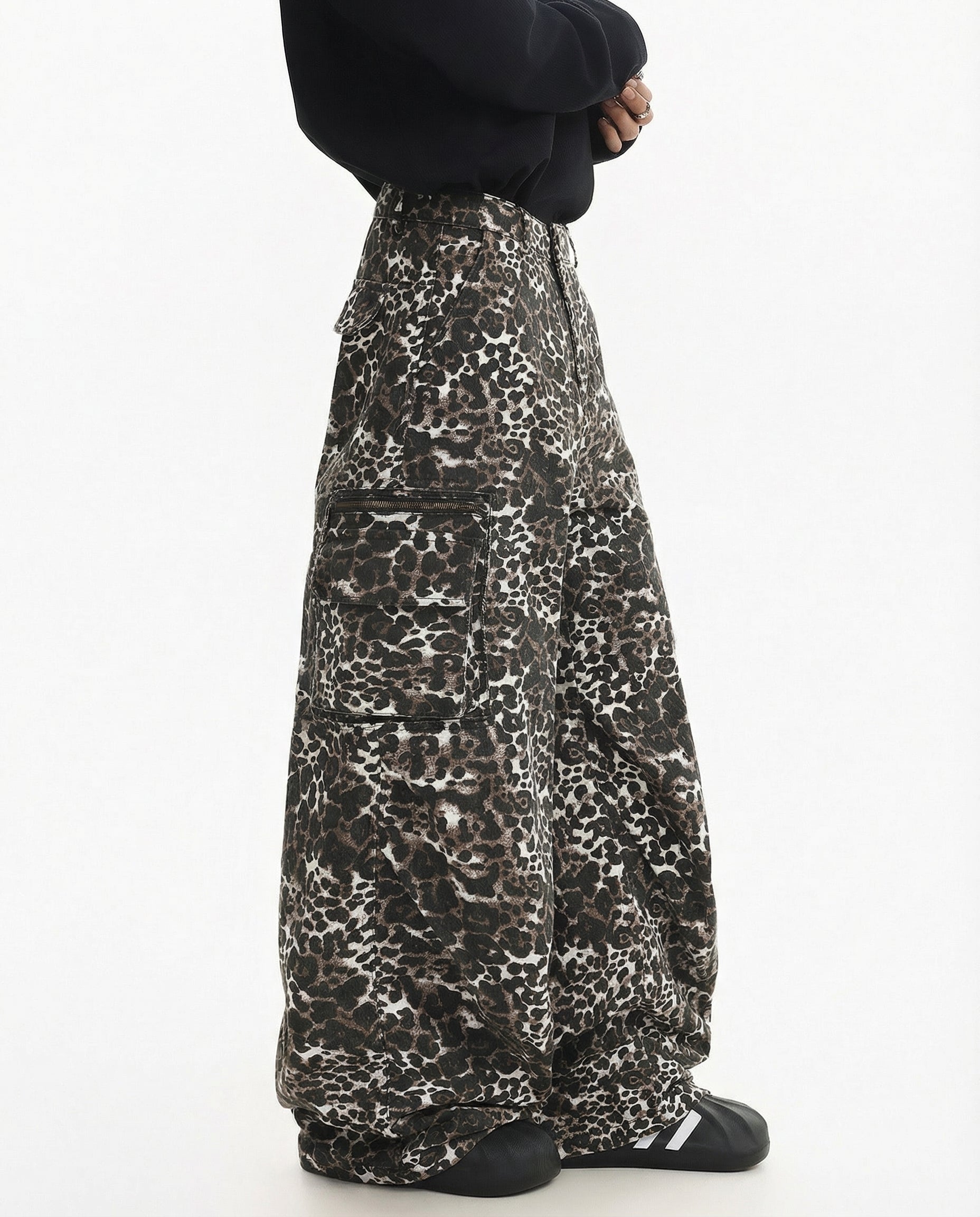 Leopard Print Wide Leg Cargo Pants - Urban Streetwear