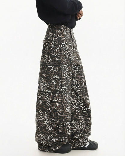 Leopard Print Wide Leg Cargo Pants - Urban Streetwear