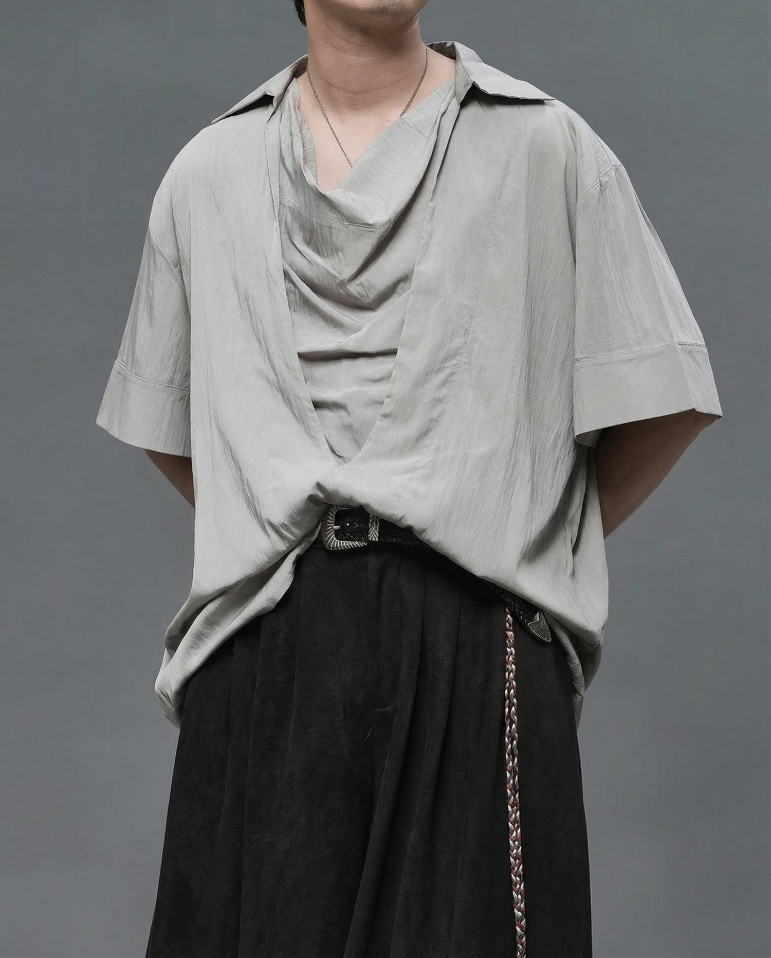 Oversized Cowl Neck Draped Shirt - Japanese Darkwear