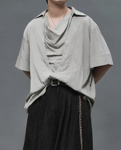 Oversized Cowl Neck Draped Shirt - Japanese Darkwear