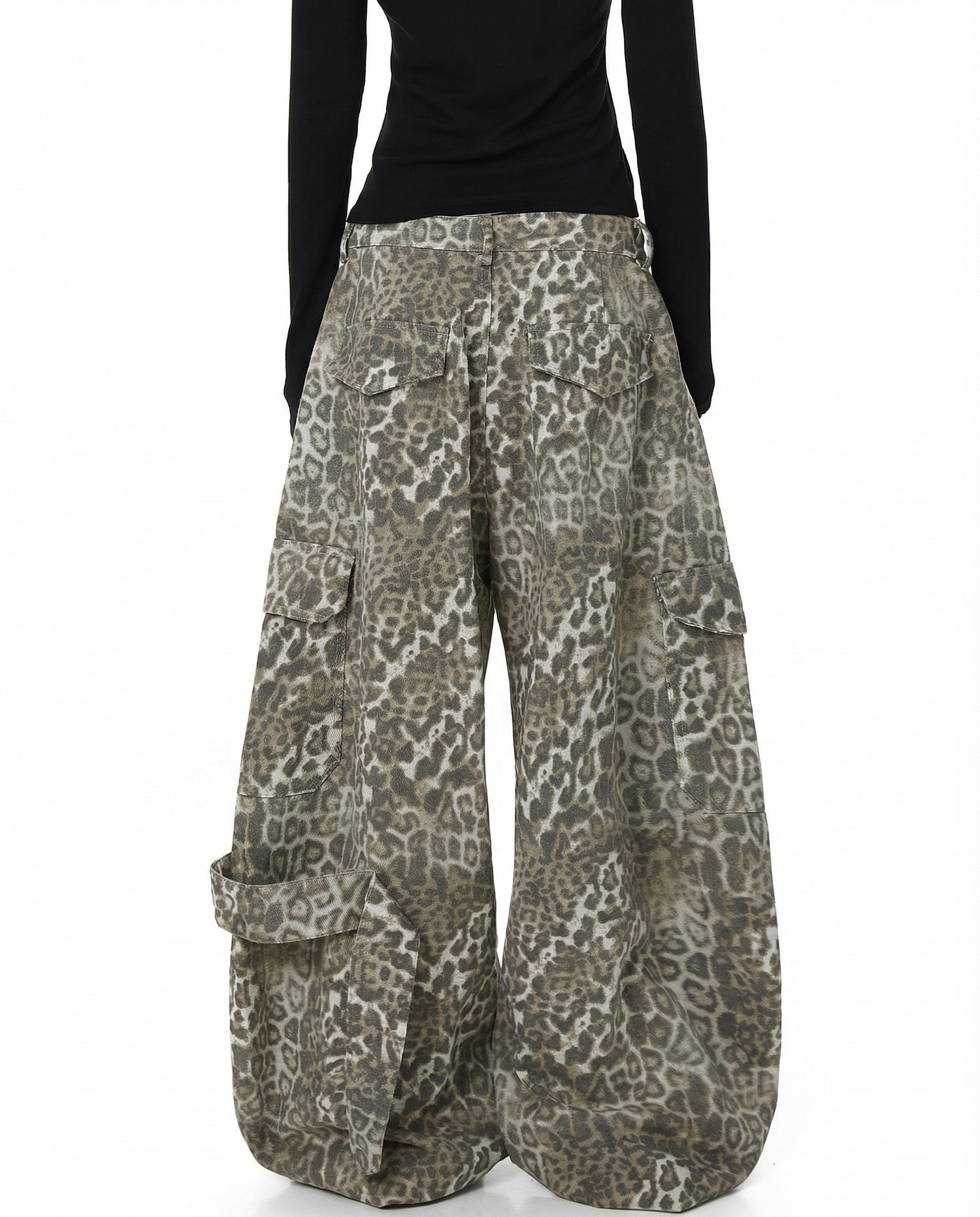 Leopard Denim Wide Leg Cargo Pants - Y2K Streetwear