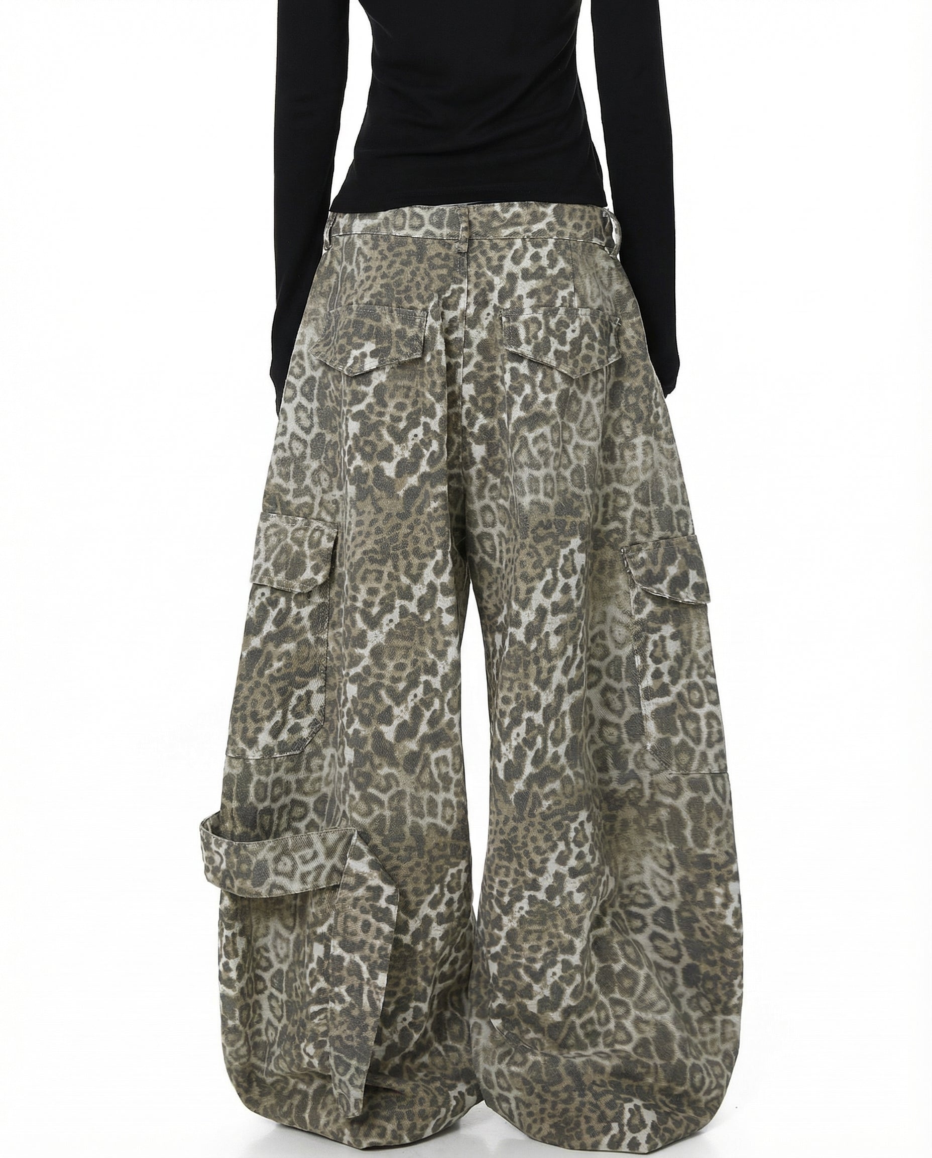 Leopard Denim Wide Leg Cargo Pants - Y2K Streetwear