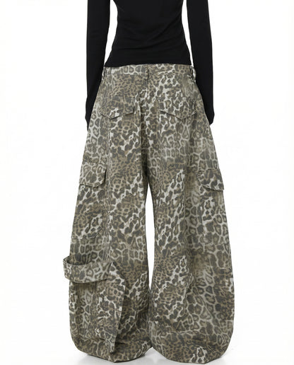 Leopard Denim Wide Leg Cargo Pants - Y2K Streetwear