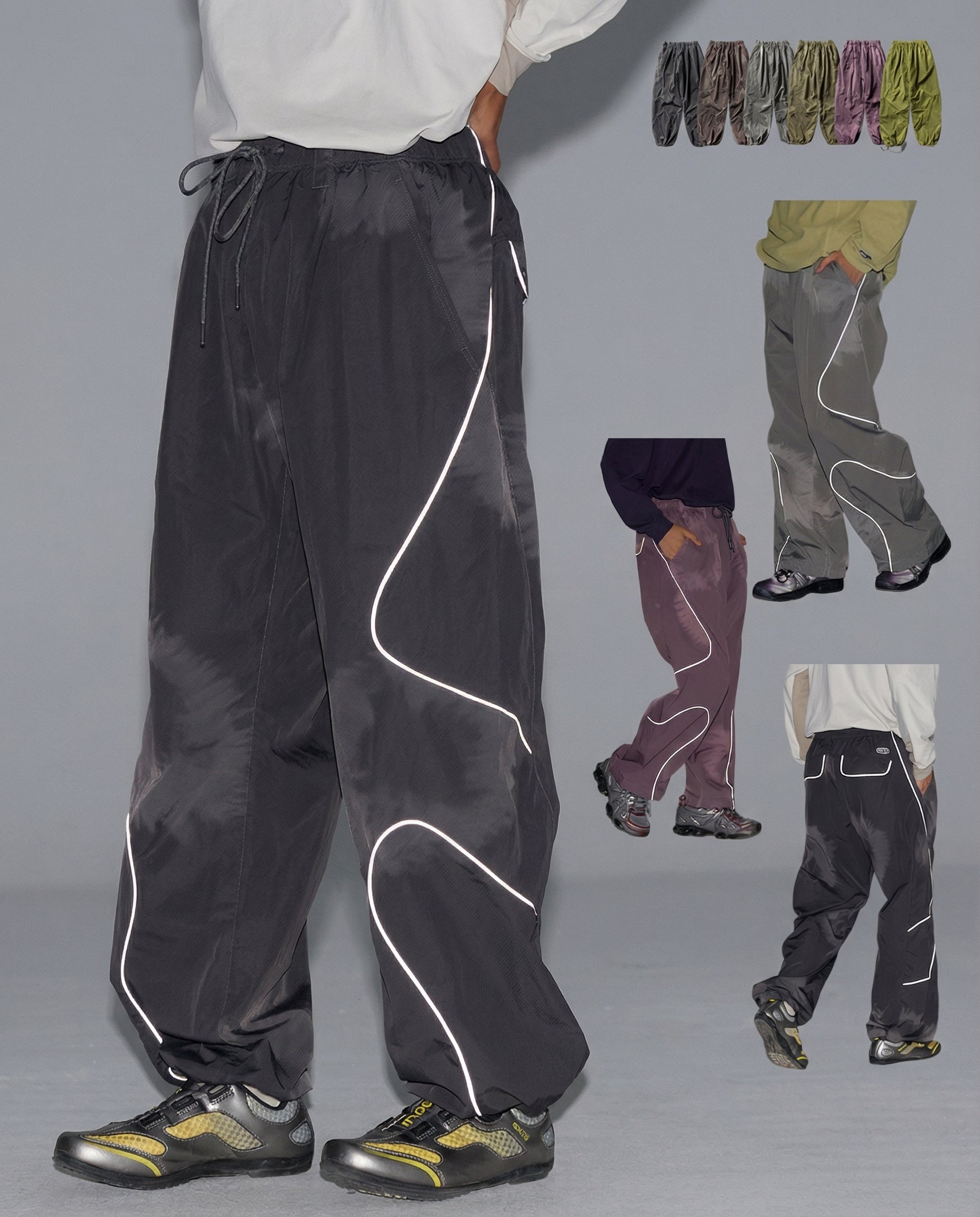 Streetwear Reflective Nylon Wide Leg Hiking Cargo Pants 