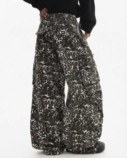 Leopard Print Wide Leg Cargo Pants - Urban Streetwear