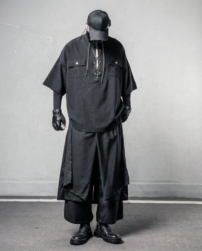 Darkwear Chain Lace-Up Textured Short Sleeve Shirt