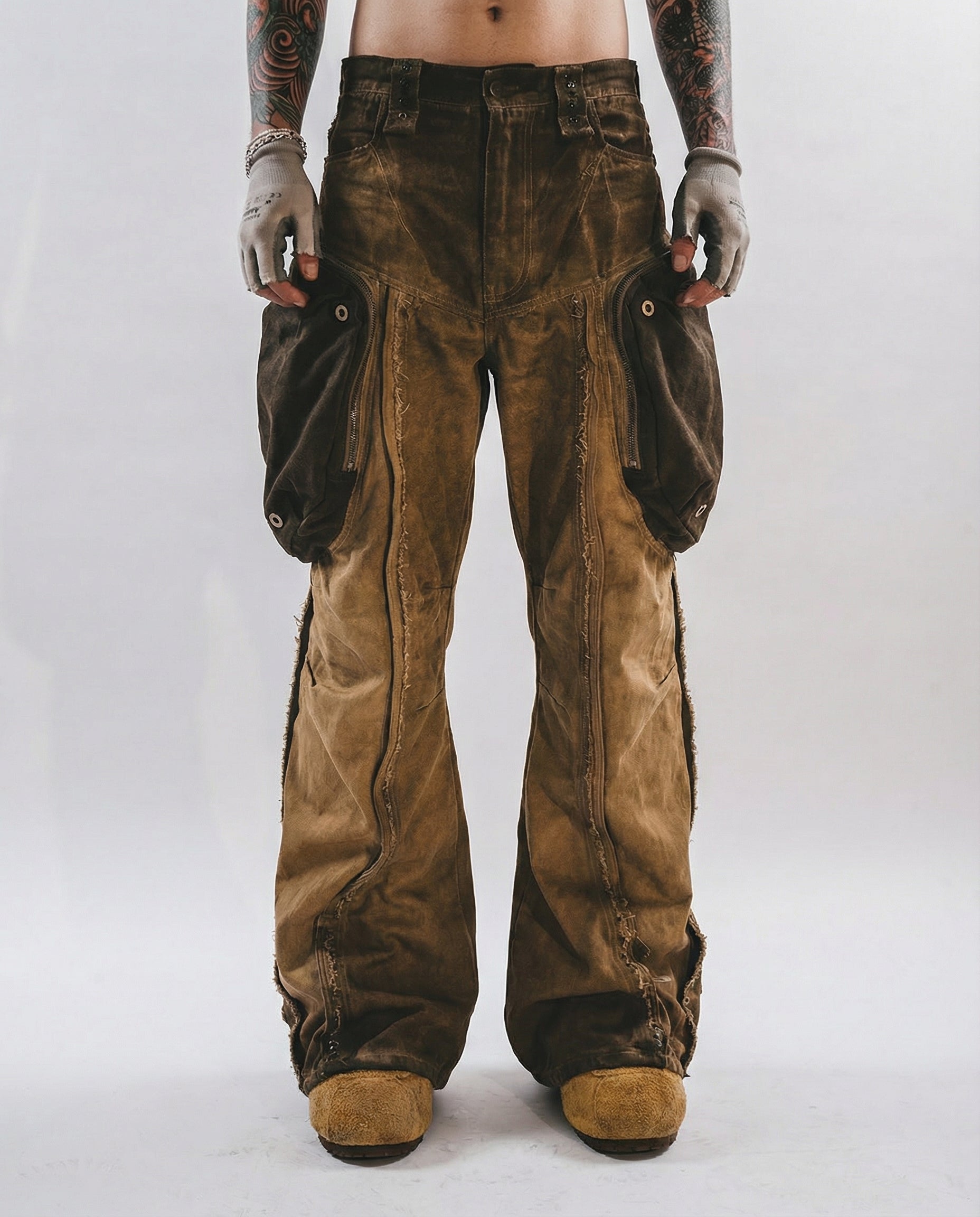 Distressed Cotton Wide Leg Cargo Pants - Grunge Streetwear
