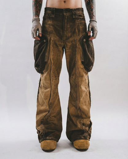 Distressed Cotton Wide Leg Cargo Pants - Grunge Streetwear