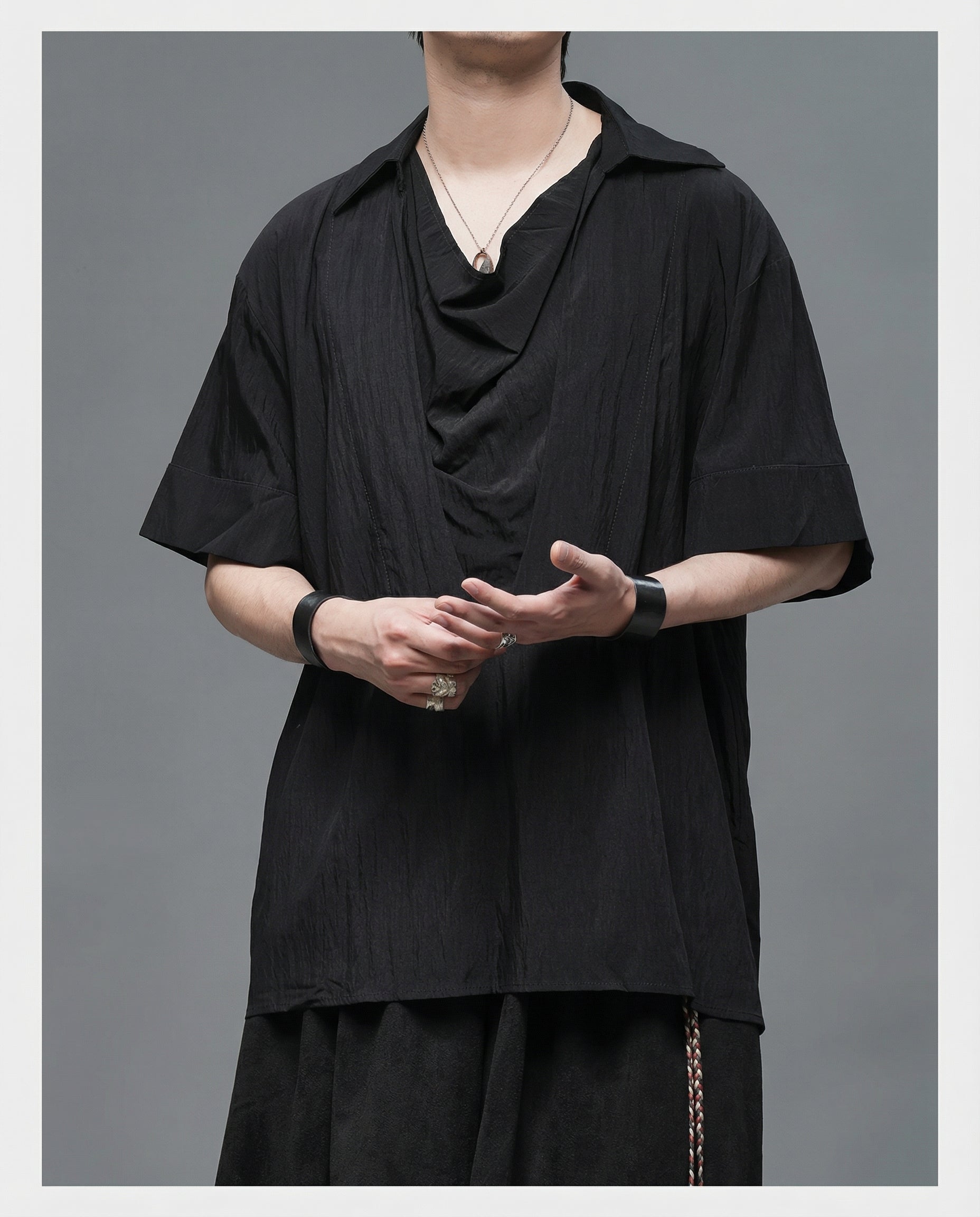 Oversized Cowl Neck Draped Shirt - Japanese Darkwear