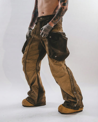 Distressed Cotton Wide Leg Cargo Pants - Grunge Streetwear