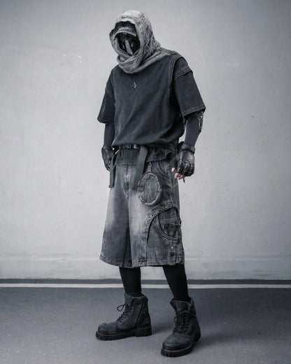 Cyberpunk Techwear Distressed Denim Cargo Shorts