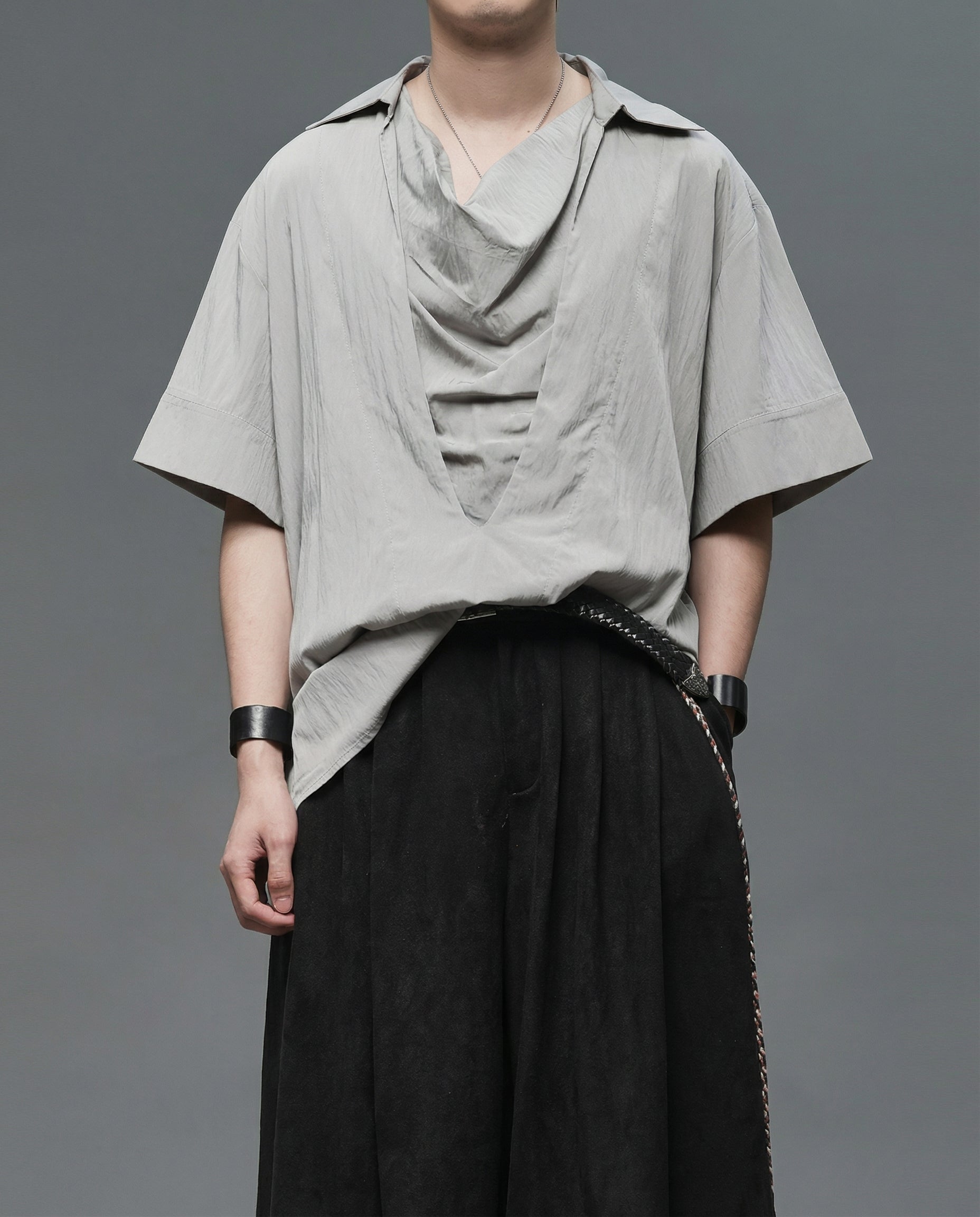 Oversized Cowl Neck Draped Shirt - Japanese Darkwear