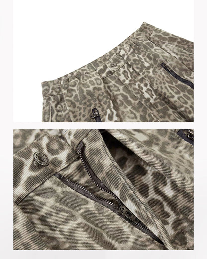 Multi Pockets Zip Leopard Unisex Baggy Cargo Jeans