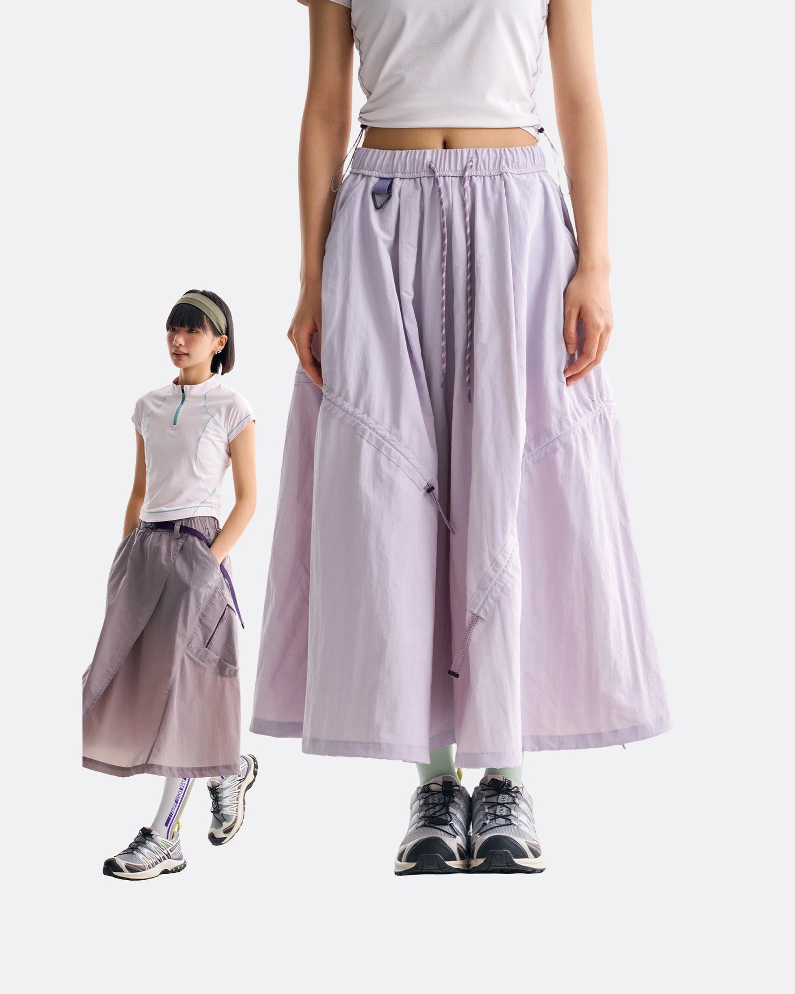 Violet mist technical cargo skirt full-length look with waist-down close-up of drawstring hem