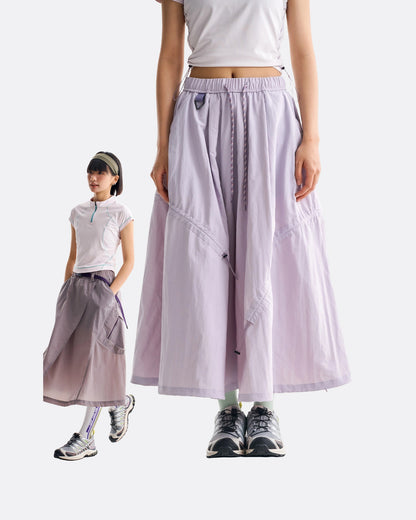 Violet mist technical cargo skirt full-length look with waist-down close-up of drawstring hem