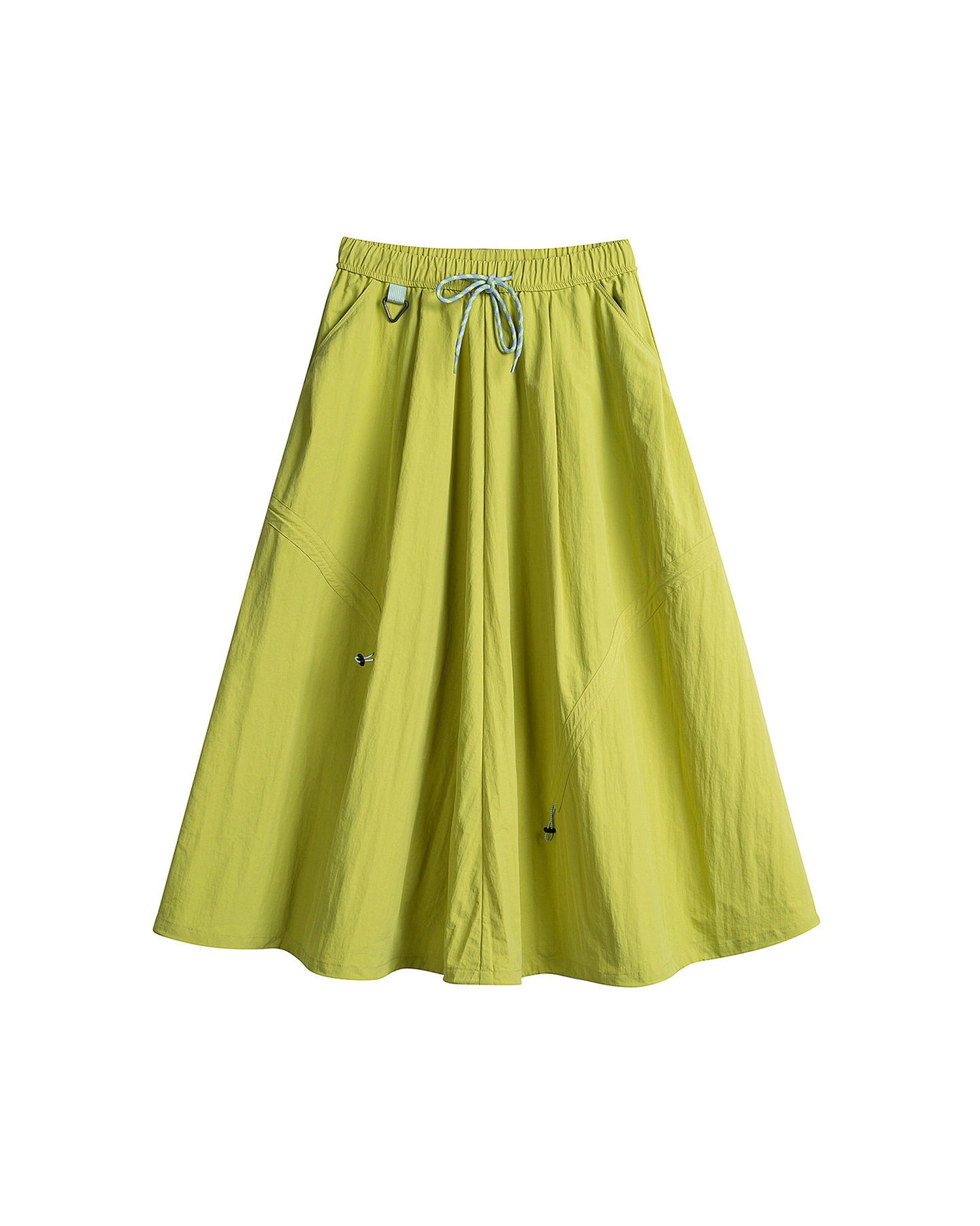Lime green technical cargo skirt flat lay with drawstring waist and adjustable A-line hem