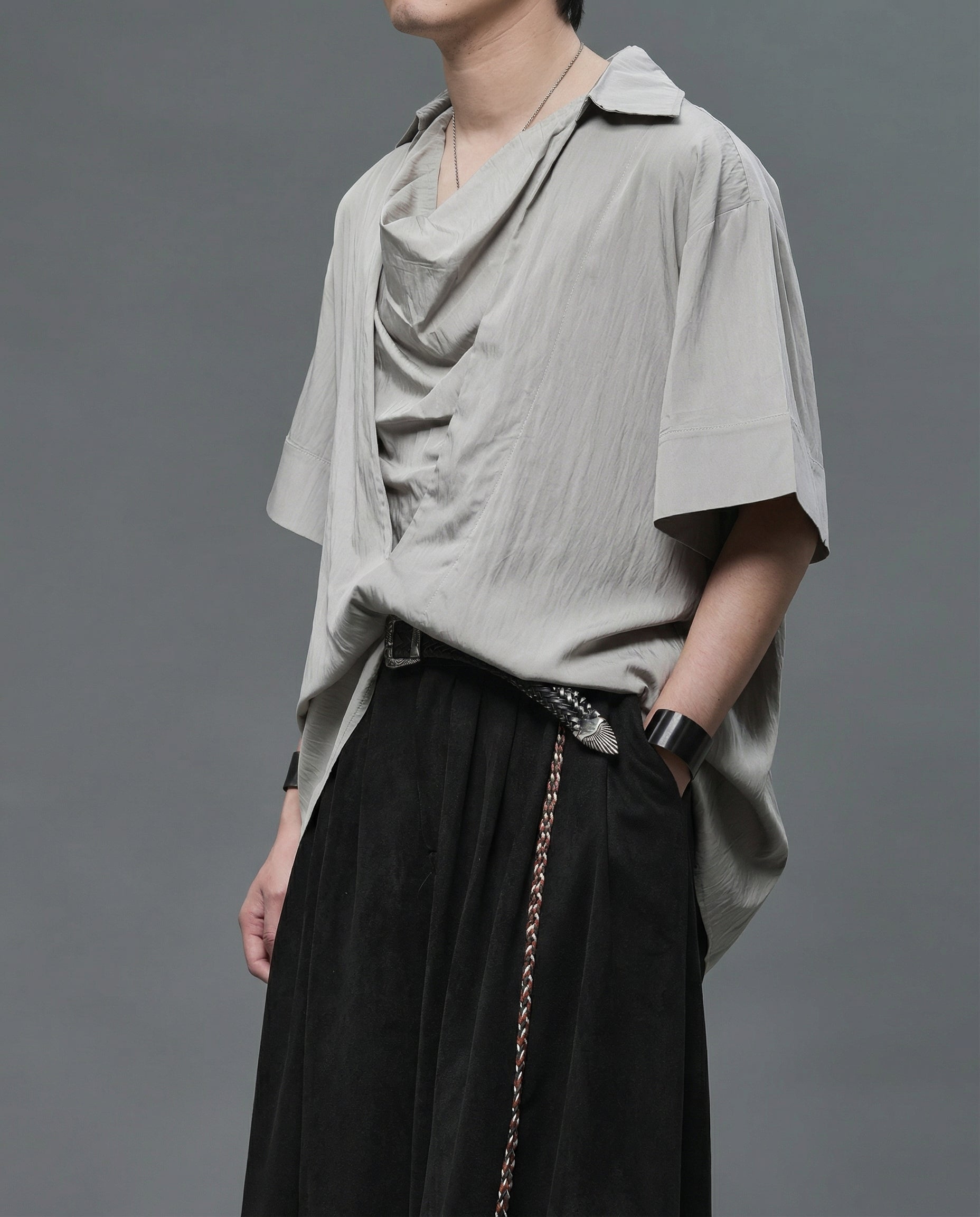 Oversized Cowl Neck Draped Shirt - Japanese Darkwear