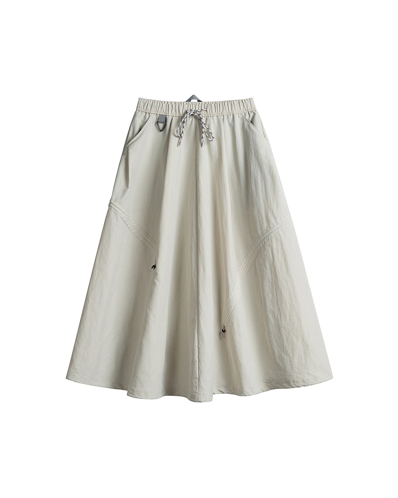 Ivory white technical cargo skirt flat lay with drawstring waist and side pockets