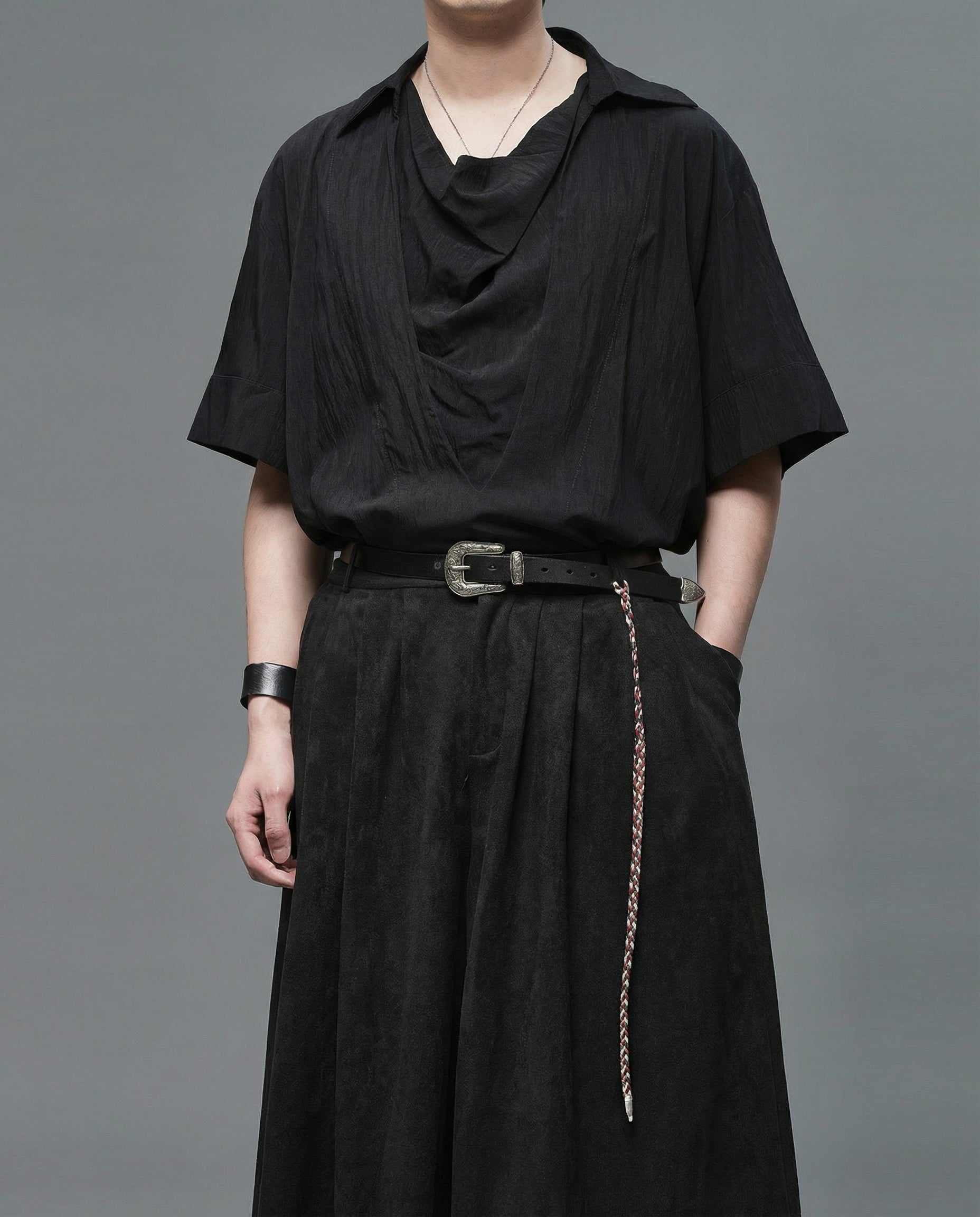 【unknown】super high neck draped shirt Japanese Darkwear Cowl Neck Draped Shirt – Techwear Official