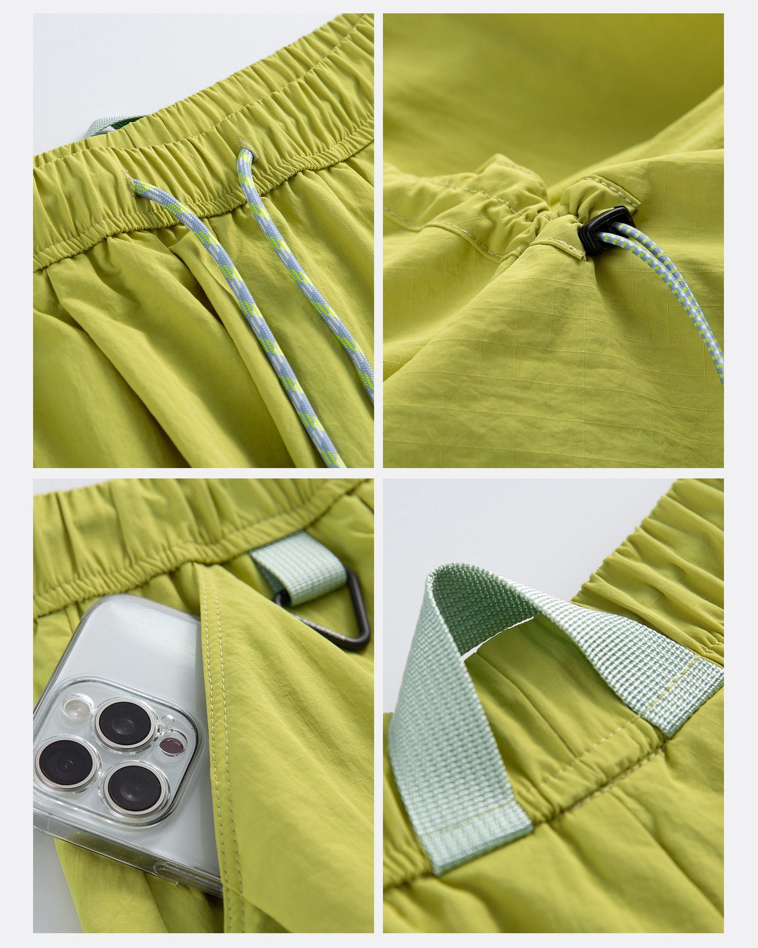 Close-up details of technical cargo skirt: contrast drawstring, ripstop fabric, phone-sized side pocket and webbing tab