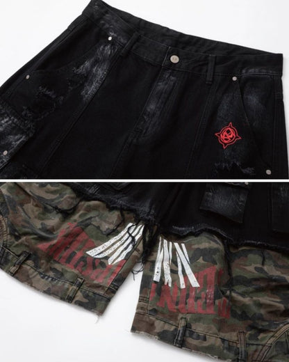 Street Distressed Patchwork Long Camo Jorts