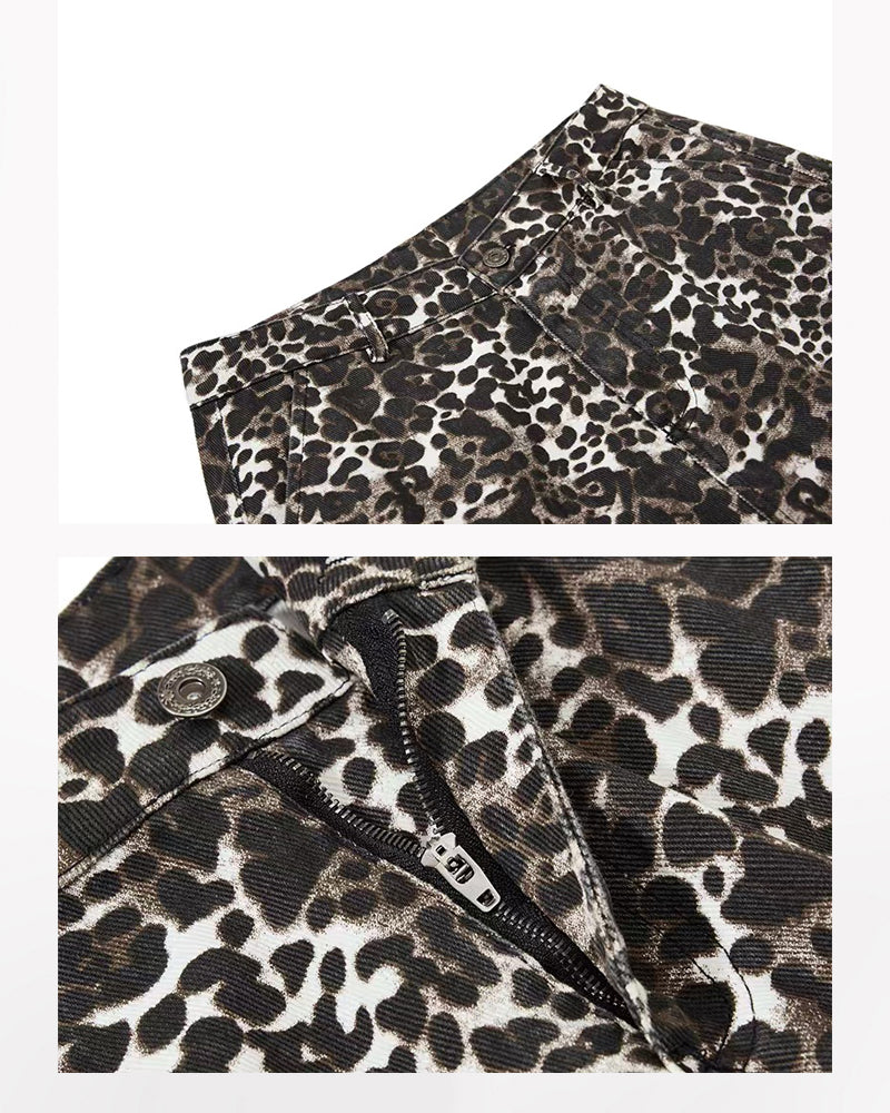 Multi-Pocket Baggy Unisex Leopard Cargo Jeans