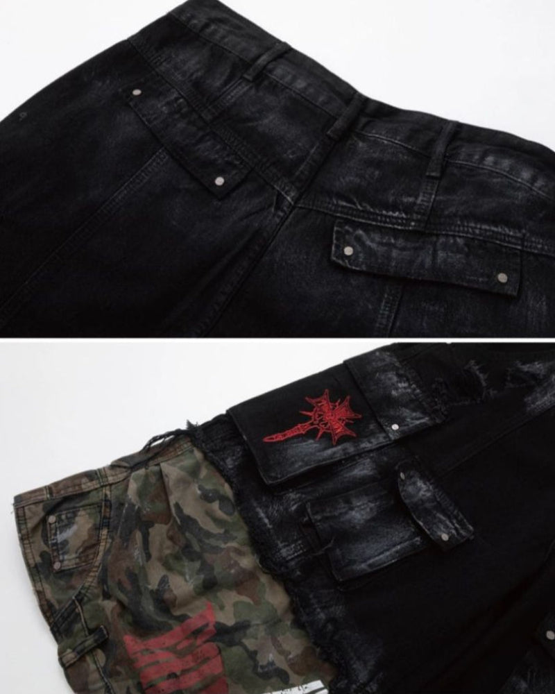 Street Distressed Patchwork Long Camo Jorts