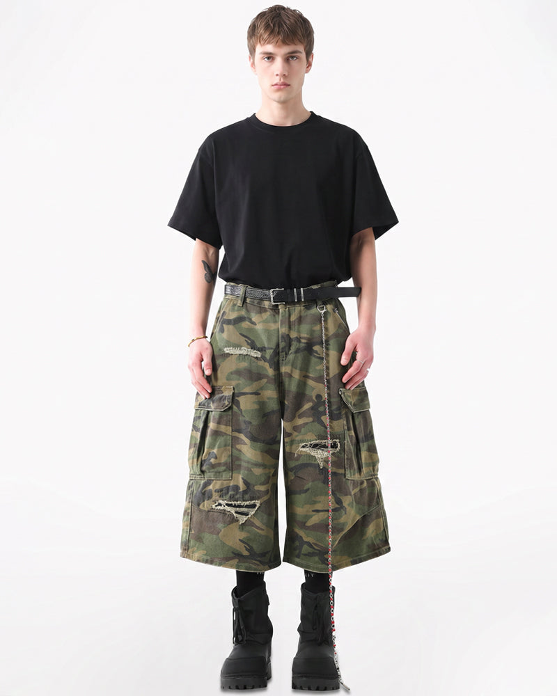Vintage Distressed Unisex Camo Utility Shorts