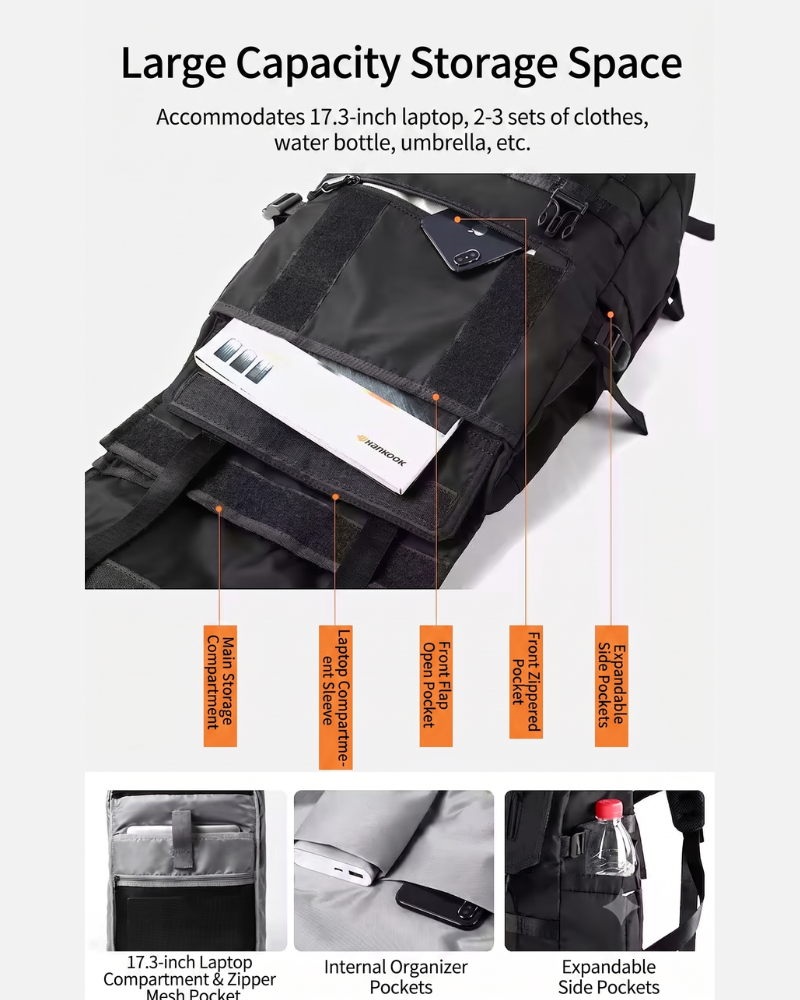 Streetwear Outdoor Multi-Functional Tech Backpack, Small (30cmx16cmx46cm), Black