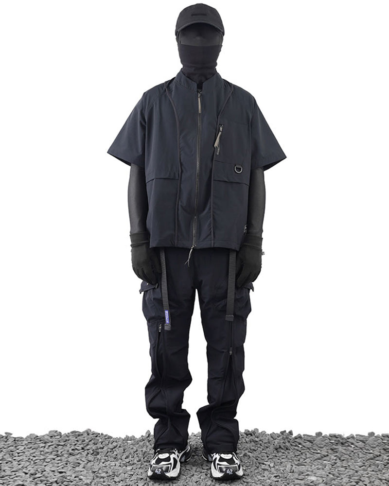 Techwear Laminated Zipper Black Cargo Pants