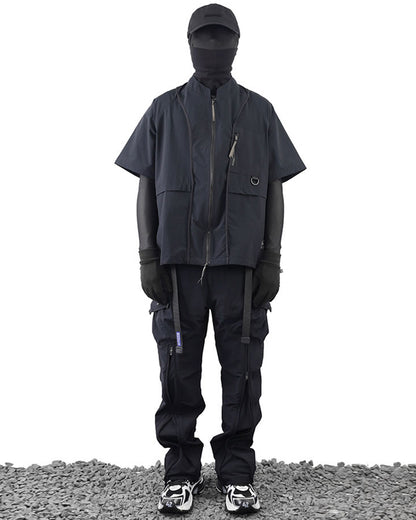 Techwear Laminated Zipper Black Cargo Pants