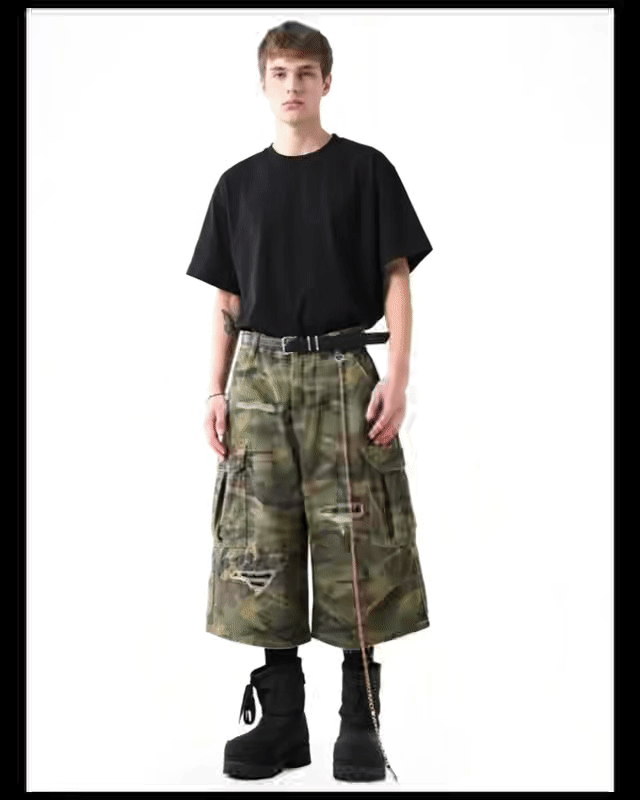 Vintage Distressed Unisex Camo Utility Shorts