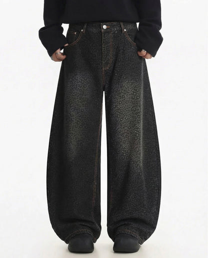 Gradient Leopard Print  Wide-Leg Unisex Baggy Jeans