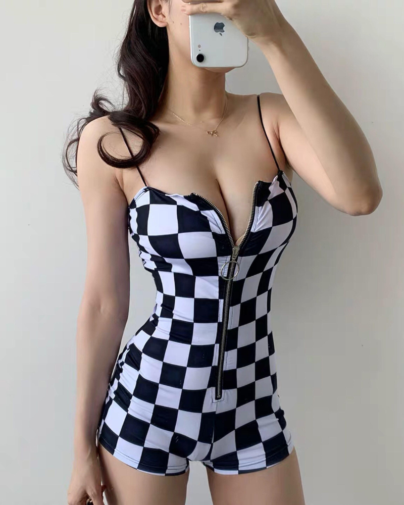 Techwear Buckle Belt Checkered Shorts Bodysuit