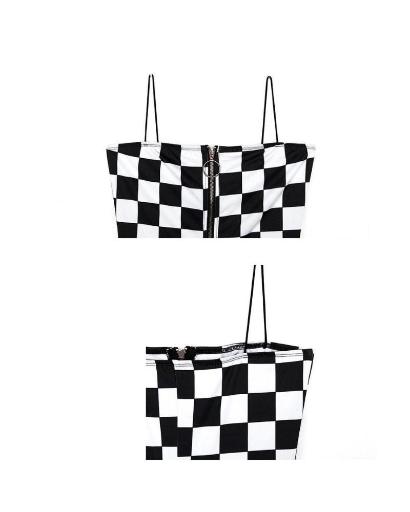 Techwear Buckle Belt Checkered Shorts Bodysuit