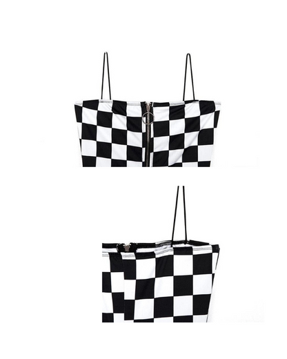 Techwear Buckle Belt Checkered Shorts Bodysuit