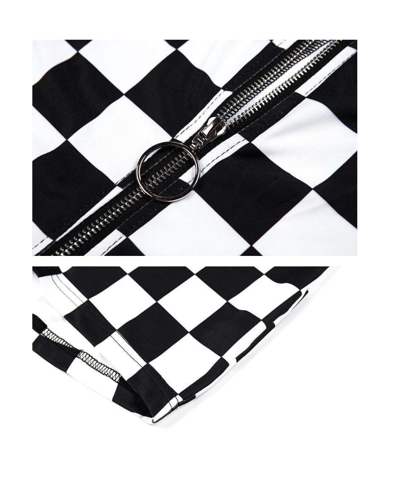 Techwear Buckle Belt Checkered Shorts Bodysuit