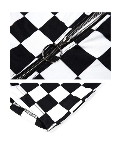 Techwear Buckle Belt Checkered Shorts Bodysuit