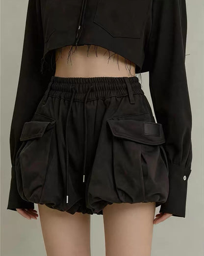 Summer Paperbag Waist Bubble Cargo Shorts