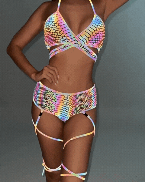 Colorful Reflective Rave Clothing Shiny Bikini Set