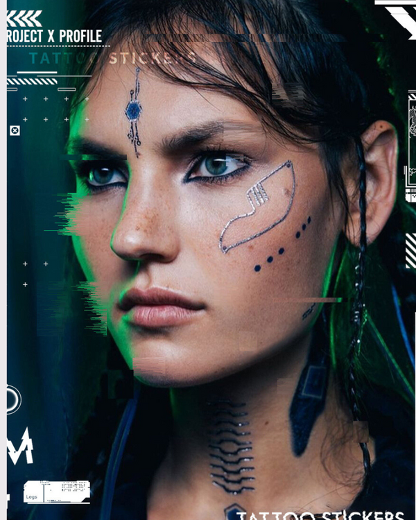 Cyberpunk Mech Silver Facial Tattoo