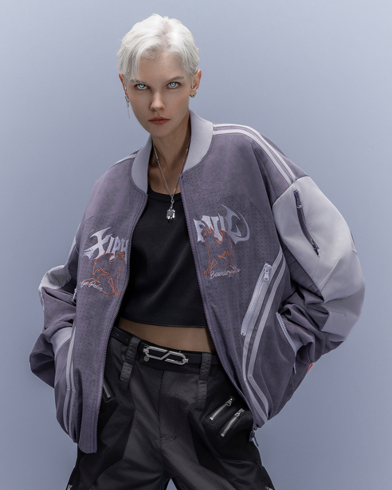 XIPHEVIL Cyberpunk Outfits Embroidered Suede Cropped Jacket