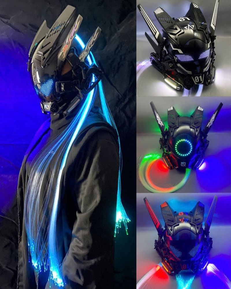 Cyberpunk Light-Up Dreadlocks Mecha LED Helmet Mask